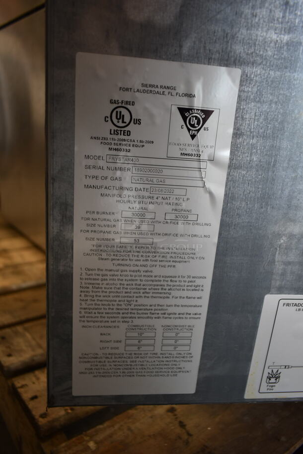 BRAND NEW SCRATCH AND DENT! 2022 Sierra Frystar400 Stainless Steel Commercial Floor Style Natural Gas Powered Deep Fat Fryer w/ 2 Metal Fry Baskets. - Image 7 of 7
