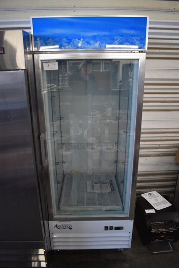 BRAND NEW SCRATCH AND DENT! Avantco Model 178GDC24FHCW Metal Commercial Single Door Reach In Freezer Merchandiser w/ Poly Coated Racks on Commercial Casters. 115 Volts, 1 Phase, 31x34.5x87. Tested and Working!