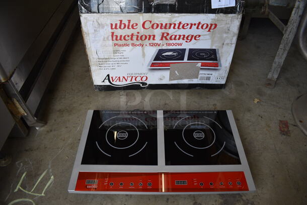 BRAND NEW IN BOX! 2021 Avantco Model 177IC18DB Stainless Steel Commercial Countertop Electric Powered 2 Burner Induction Range. 120 Volts, 1 Phase. 26x15.5x3