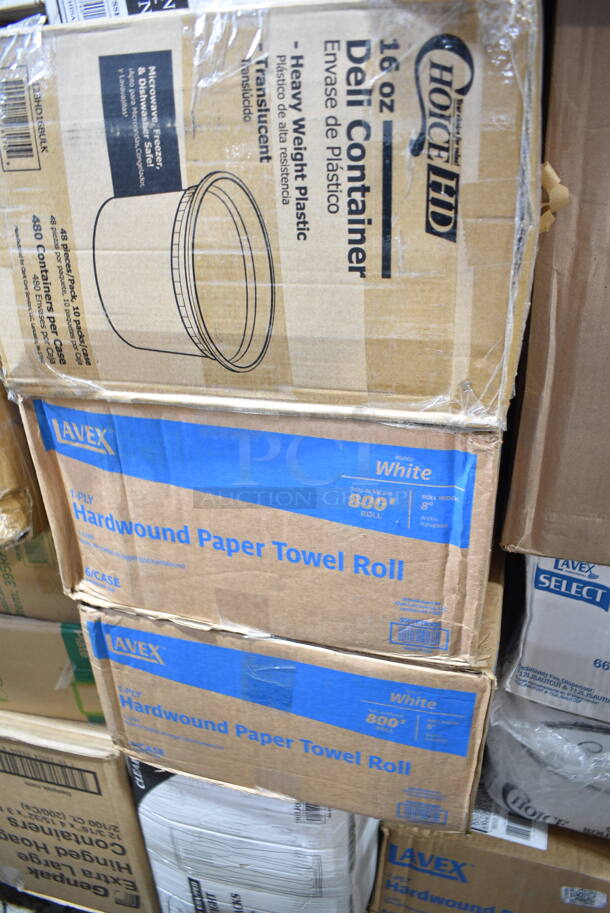 PALLET LOT of 40 BRAND NEW Boxes Including 5001RTSELNAT Lavex Select 1-Ply Natural Kraft Paper Towel Roll, 665 Feet / Roll - 6/Case, 130ROLLKFSSH Visions 18" x 15 1/2" Pre-Rolled Linen-Feel White Napkin and Hammersmith Heavy Weight Silver Plastic Cutlery Set - 100/Case, 500AL301BALL Ball 9 oz. Customizable Aluminum Cup with Ball Logo Design - 645/Case, 128HD32COMBO ChoiceHD 32 oz. Microwavable Translucent Plastic Deli Container and Lid Combo Pack - 240/Case, 394325L Noble NexGen Powder-Free Disposable Blue Hybrid 3 Mil Thick Gloves - Large - 1000/Case, 50010CAFE Choice 10 oz. Cafe Print Poly Paper Hot Cup - 1000/Case, 2 Box 5001RT800B Lavex 8" White Hardwound Paper Towel, 800 Feet / Roll - 6/Case, 2 Box 395RPO9 EcoChoice Compostable Sugarcane / Bagasse 9" Plate - 500/Case, 128HD16BULK ChoiceHD 16 oz. Microwavable Translucent Plastic Deli Container - 480/Case, 150300414 Bagcraft EcoCraft 6" x 6 1/2" Grease-Resistant Sandwich Bag - 2000/Case, 347RPBD10WHS Visions 10" White Plastic Plate with Silver Bands - 120/Case. 40 Times Your Bid! - Image 8 of 12