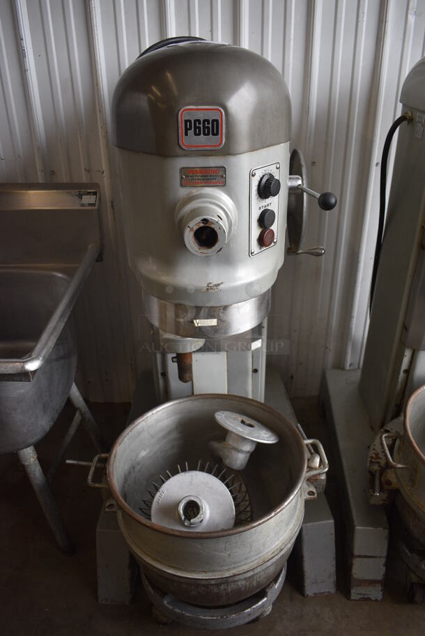 Hobart Model P 660 Metal Commercial Floor Style 60 Quart Planetary Mixer w/ Metal Mixing Bowl, Mixing Bowl Dolly, Dough Hook and Whisk Attachments. 208-240 Volts, 3 Phase. 29x43x56 - Image 3 of 9