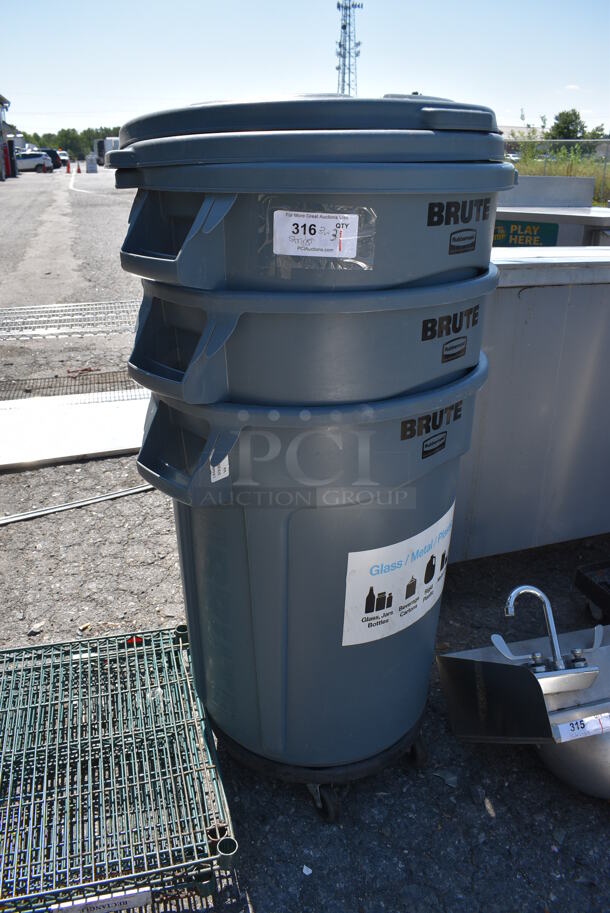 3 Rubbermaid Brute Gray Poly Trash Cans w/ 1 Dolly and 3 Lids. 26x22x28. 3 Times Your Bid!