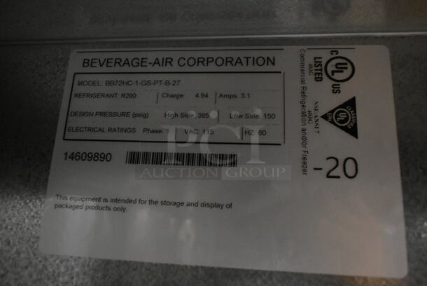 BRAND NEW SCRATCH AND DENT! Beverage Air BB72HC-1-GS-PT-B-27 Metal Commercial 3 Door Undercounter Cooler Merchandiser. See Pictures for Broken Glass. 115 Volts, 1 Phase. Tested and Working! - Image 6 of 6
