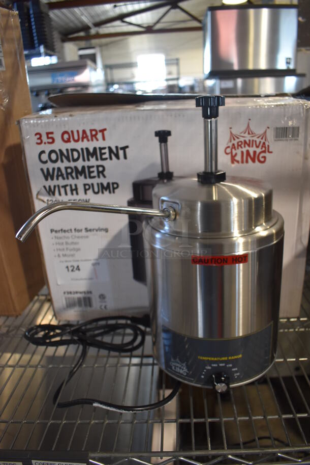 BRAND NEW IN BOX! Carnival King 382RWS35 Stainless Steel Commercial Countertop Condiment Warmer w/ Pump. 120 Volts, 1 Phase. 8x16x17. Tested and Working!