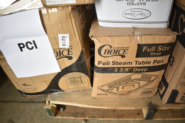 PALLET LOT of 26 BRAND NEW Boxes Including 347RPBD10WHS Visions 10" White Plastic Plate with Silver Bands - 120/Case, 5014046XXH Lavex Pro 45 Gallon 3 Mil 40" x 46" Low Density Heavy-Duty Industrial Contractor Black Trash Bag / Can Liner - 50/Case, 612605070 Choice Full Size Foil Steam Table Pan Deep 3 3/8" Depth - Full Size Deep - 50/Case, 500CC16 Choice Clear PET Customizable Plastic Cold Cup - 16 oz. - 1000/Case, 2 Box 129MCS28B Choice 28 oz. Black Rectangular Microwavable Heavy Weight Container with Lid 8 3/4" x 6 1/4" x 1 3/4" - 150/Case, 500L1020B Choice Black Hot Paper Cup Travel Lid for 10-24 oz. Standard Cups and 8 oz. Squat Cups - 1000/Case, 9CPWCR Dart 9" 3 Compartment White Non-Laminated Round Foam Plate - 500/Case, 5014347HVY Hercules Trash Bags, 999P400C Choice 4 oz. Clear Plastic Souffle Cup / Portion Cup - 100/Pack, 600WS1236 Regency 18 Gauge Stainless Steel 12" x 36" Solid Wall Shelf, 795PTOKFT8 Choice Kraft Microwavable Folded Paper #8 Take-Out Container 6" x 4 3/4" x 2 1/2" - 300/Case, 966TALLFLDB Choice White Tall-Fold 6" x 13" Dispenser Napkin - 8000/Case. 26 Times Your Bid!  - Image 3 of 12