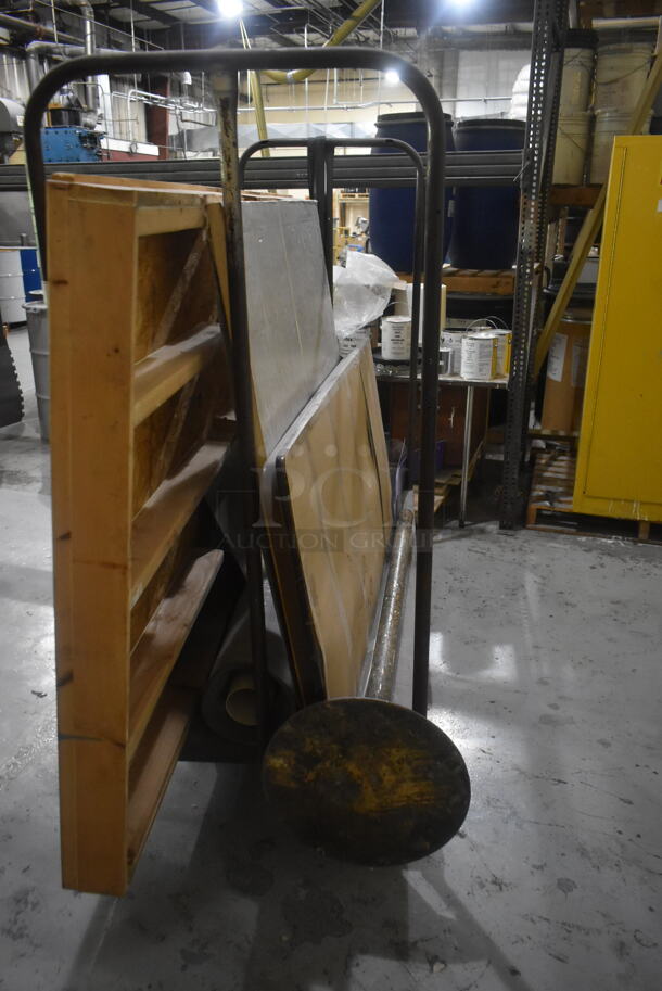 Black Metal Flat Cart w/ Contents Including Faux Brick Wall on Commercial Casters. - Image 4 of 4