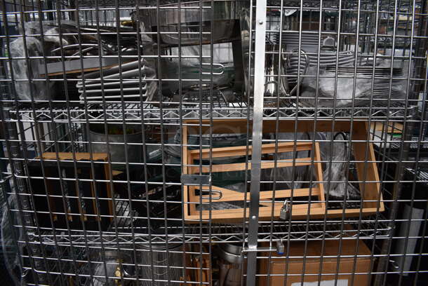 ALL ONE MONEY! Lot of Chrome Finish 5 Tier Shelving Unit on Commercial Casters w/ Liquor Cage and All Contents Including Metal Pitchers, White Ceramic Plates. BUYER MUST DISMANTLE. PCI CANNOT DISMANTLE FOR SHIPPING. PLEASE CONSIDER FREIGHT CHARGES. 49x25x68 - Image 7 of 7