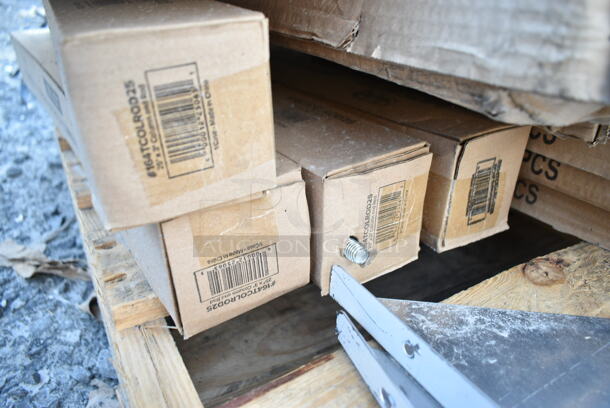 PALLET LOT of 14 BRAND NEW SCRATCH AND DENT! Items Including Flat FBT2093A01 Table Feet and Column Top, 1643042TFGRY Lancaster Table & Seating 30" x 42" Rectangular Thermo-Formed MDF Table Top with Gray Wood Finish, 4 Box 164TCOLROD25 Lancaster Table & Seating 25 3/16" Standard Height Table Base Column and Rod, 4 3493030TCB Lancaster Table & Seating 30" x 30" Laminated Square Table Top Reversible Cherry / Black, 600T2436G Regency 24" x 36" 18-Gauge 304 Stainless Steel Commercial Work Table with Galvanized Legs and Undershelf. 14 Times Your Bid! - Image 9 of 11