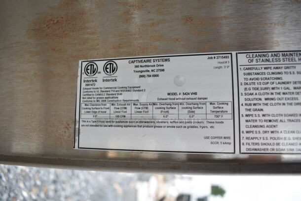 CaptiveAire 5424 VHB Stainless Steel Steam Hood.  - Image 6 of 6