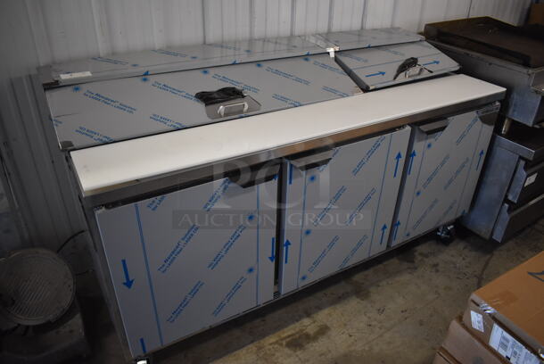 BRAND NEW SCRATCH AND DENT! Beverage Air SPE72HC-18 Stainless Steel Commercial Sandwich Salad Prep Table Bain Marie Mega Top w/ Racks and 18 Drop In Bins on Commercial Casters. 115 Volts, 1 Phase. 72x30x43. Tested and Working! - Image 2 of 12