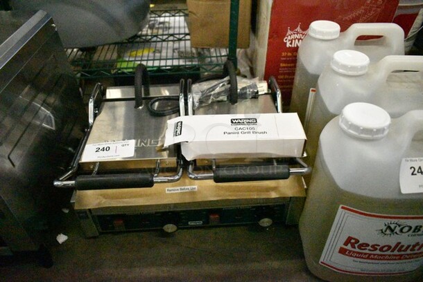 BRAND NEW SCRATCH AND DENT! 2023 Waring CTS1000B Stainless Steel Commercial Tostato Ottimo Smooth Top & Bottom Dual Panini Sandwich Grill - 17" x 9 1/4" Cooking Surface. 240 Volts, 1 Phase.  - Image 2 of 6