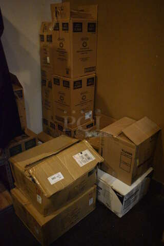 ALL ONE MONEY! Lot of Various Boxes of Paper Product Including Plastic Lids and Plastic Skull Mugs. BUYER MUST REMOVE. (glass room - off of bar area) 