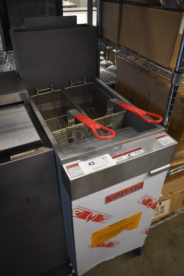 BRAND NEW! 2016 Vulcan LG300-1 Stainless Steel Commercial Floor Style Natural Gas Powered Deep Fat Fryer w/ 2 Metal Fry Baskets on Commercial Casters. 90,000 BTU. 15.5x30x47 - Image 2 of 6