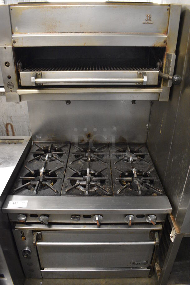 Jade Range Stainless Steel Commercial Natural Gas Powered 6 Burner Range w/ Oven and Salamander Cheese Melter. Comes w/ 3 Legs. 36x31x68