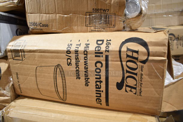 PALLET LOT of 20 BRAND NEW Boxes Including Moist Towelette, 2 Box 966TALLFLDN Choice Kraft Natural Tall-Fold 6" x 13" Dispenser Napkin - 8000/Case, 347RPBD10WHS Visions 10" White Plastic Plate with Silver Bands - 120/Case, 500TW7 Choice 7 oz. Translucent Thin Wall Plastic Cold Cup - 2500/Case, 2 Box 127RD16BULK Choice 16 oz. Customizable Microwavable Translucent Round Deli Container - 500/Case, 50012DWPLAKR EcoChoice 12 oz. Smooth Double Wall Kraft Compostable Paper Hot Cup - 500/Case, 2 Box 966UPWIDEB OneUp by Choice White 1-Ply Wide Interfold 6 1/2" x 8 1/2" Dispenser Napkin - 6000/Case, Choice 5 5/8" Crystal Clear Plastic Test Tube Shot / Shooter - 1000/Case, Dart 85HT3R 8" x 8" x 3" White Foam Three-Compartment Square Take Out Container with Perforated Hinged Lid - 200/Case, 347TCL9 Choice 9 oz. Clear Disposable Plastic Tumbler - 500/Case, 16RCLBLK Dart Optima Black Travel Lid. 20 Times Your Bid!  - Image 6 of 12