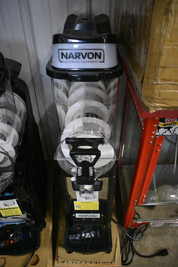 BRAND NEW IN BOX! Narvon Model OASIS 1-10 Metal Commercial Countertop Single Hopper Slushie Machine. Hopper Has 2.6 Gallon Capacity. 120 Volts, 1 Phase. 8x20x34