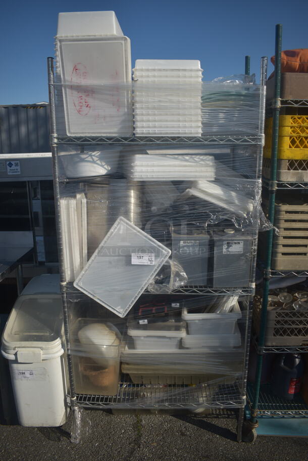 ALL ONE MONEY! Lot of Items Including Open Utility Shelf With Metro Style Shelving, White Plastic Containers, Lids, Steel Pot, Bunn Containers, AND MORE! BUYER MUST DISMANTLE. PCI CANNOT DISMANTLE FOR SHIPPING. PLEASE CONSIDER FREIGHT CHARGES.