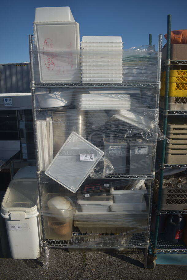 ALL ONE MONEY! Lot of Items Including Open Utility Shelf With Metro Style Shelving, White Plastic Containers, Lids, Steel Pot, Bunn Containers, AND MORE! BUYER MUST DISMANTLE. PCI CANNOT DISMANTLE FOR SHIPPING. PLEASE CONSIDER FREIGHT CHARGES. - Image 1 of 4