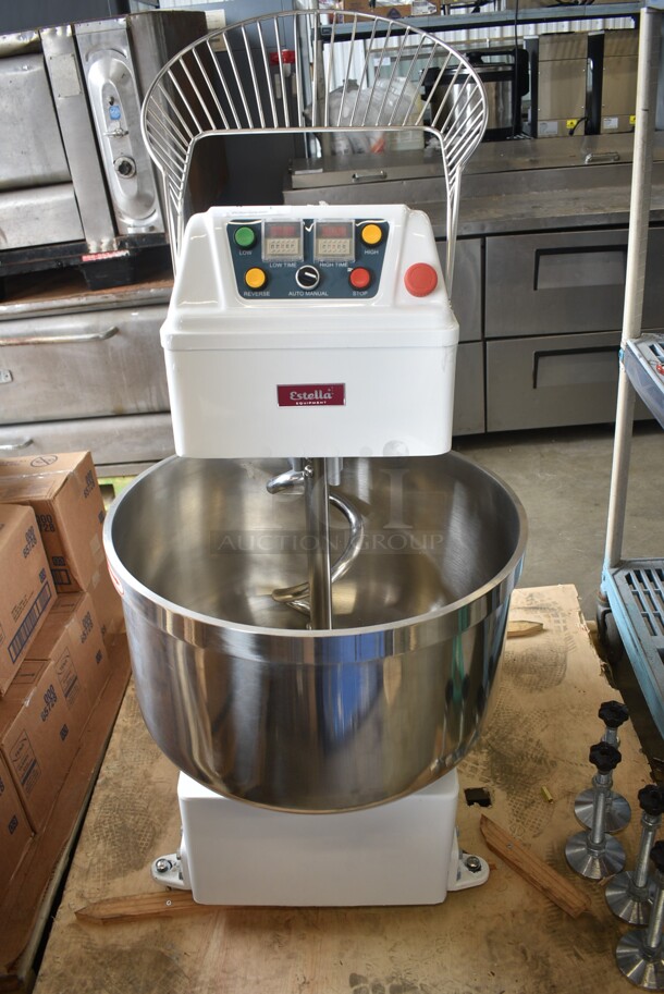 BRAND NEW SCRATCH AND DENT! Estella 348SM80 Metal Commercial 80 Quart / 120 Pound Two-Speed Spiral Dough Mixer w/ Stainless Steel Mixing Bowl, Bowl Guard and Dough Hook. 220 Volts. Tested and Working! - Image 4 of 10