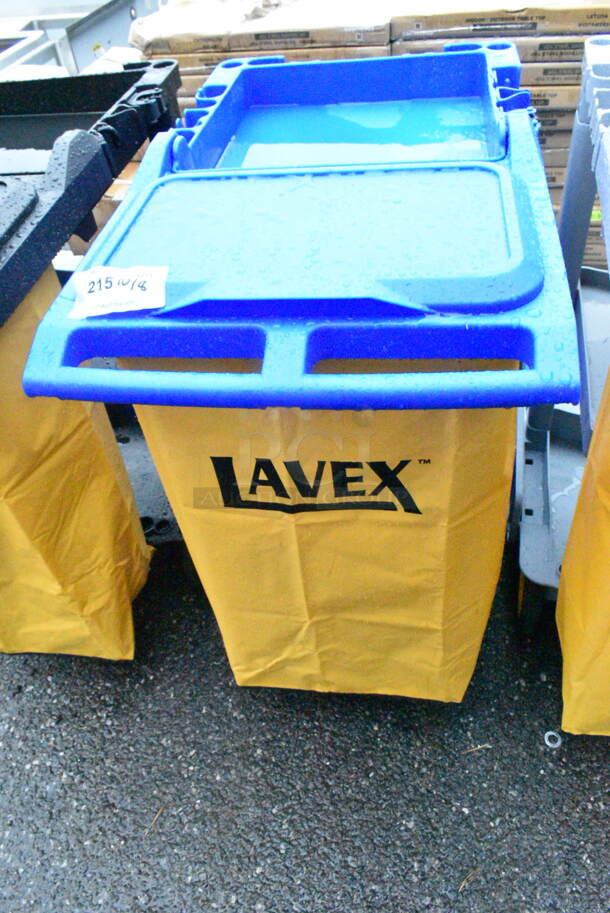 BRAND NEW SCRATCH AND DENT! Lavex 274BLUCARTWB Premium Blue 3-Shelf Janitor Cart Kit with Yellow Bag, Black Zipper Bag and Lid - Image 3 of 8