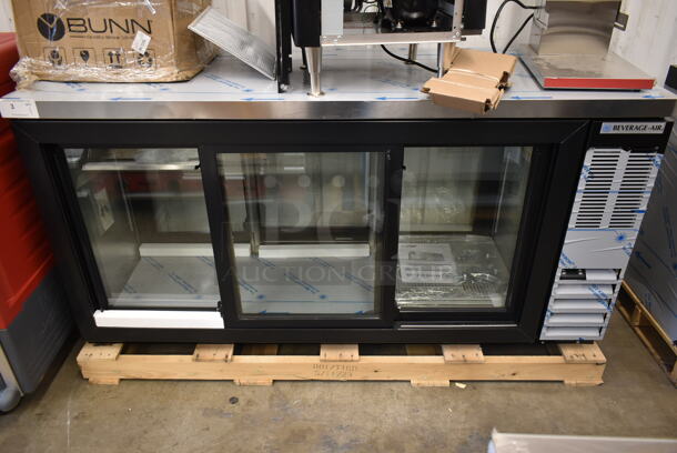 BRAND NEW SCRATCH AND DENT! Beverage Air BB72HC-1-GS-PT-B-27 Stainless Steel Commercial 3 Door Undercounter Pass Through Cooler Merchandiser. 115 Volts, 1 Phase.  Tested and Working! - Image 1 of 9