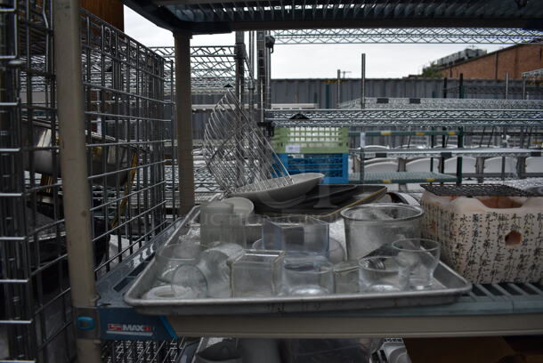 ALL ONE MONEY! Lot of 4 Tiers of Various Smallwares Including White Ceramic Plates, Sign and Poly Lids. Does Not Include Shelving Unit - Image 3 of 8