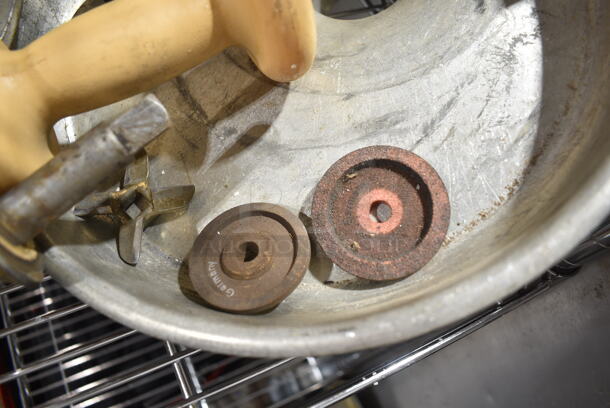 ALL ONE MONEY! Lot of Meat Grinder Attachment Pieces Including Tray, Pusher, Plates, Auger.  - Image 4 of 7