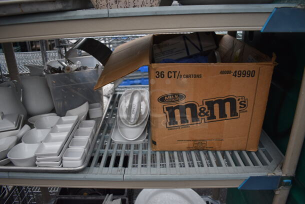 ALL ONE MONEY! Lot of 4 Tiers of Various Smallwares Including White Ceramic Plates, Sign and Poly Lids. Does Not Include Shelving Unit - Image 5 of 8