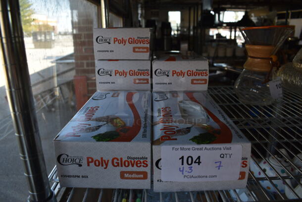 7 Boxes of Choice Medium Poly Gloves. 3 Boxes Opened, 4 NEW Boxes. 7 Times Your Bid!