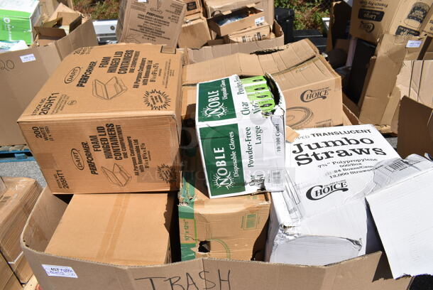PALLET LOT of 20 BRAND NEW Boxes Including Dart 205HT1 White Foam Take Out Container with Perforated Hinged Lid 9" x 6" x 3" - 200/Case, 5002WRAPNAP Natural Kraft 1/4 Fold Dinner Napkin 16" x 16, 394365L Noble Products Powder-Free Disposable Vinyl Gloves for Foodservice - 1000/Case, 485WJ7TN Choice 7 3/4" Jumbo Clear Wrapped Straw - 12000/Case, 795KFTL50PE Choice 44-50 oz. Round PET Take-Out Lid - 300/Case, Dart 90HTPF1R White Foam Square Take Out Container with Hinged Lid 9" x 9" x 3" - 200/Case, 395TO991 EcoChoice 9" x 9" x 3" Compostable Sugarcane / Bagasse 1 Compartment Take-Out Box - 200/Case, 130WSPOONWP Choice Individually Wrapped Medium Weight White Plastic Teaspoon - 1000/Case. 20 Times Your Bid!  - Image 1 of 12