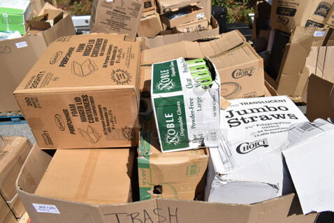 PALLET LOT of 20 BRAND NEW Boxes Including Dart 205HT1 White Foam Take Out Container with Perforated Hinged Lid 9" x 6" x 3" - 200/Case, 5002WRAPNAP Natural Kraft 1/4 Fold Dinner Napkin 16" x 16, 394365L Noble Products Powder-Free Disposable Vinyl Gloves for Foodservice - 1000/Case, 485WJ7TN Choice 7 3/4" Jumbo Clear Wrapped Straw - 12000/Case, 795KFTL50PE Choice 44-50 oz. Round PET Take-Out Lid - 300/Case, Dart 90HTPF1R White Foam Square Take Out Container with Hinged Lid 9" x 9" x 3" - 200/Case, 395TO991 EcoChoice 9" x 9" x 3" Compostable Sugarcane / Bagasse 1 Compartment Take-Out Box - 200/Case, 130WSPOONWP Choice Individually Wrapped Medium Weight White Plastic Teaspoon - 1000/Case. 20 Times Your Bid! 