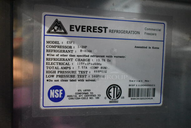 Everest ESF1 Stainless Steel Commercial Single Door Reach In Freezer. 115 Volts, 1 Phase. Tested and Powers On But Does Not Get Cold; Appears To Be Out Of Freon
 - Image 4 of 5