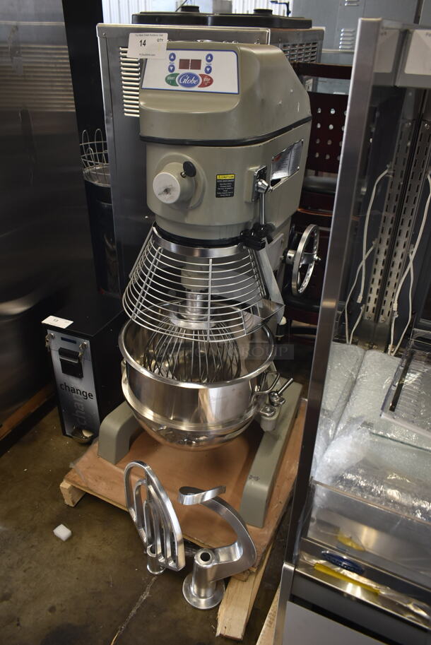 BRAND NEW SCRATCH AND DENT! 2023 Globe SP40 Metal Commercial Floor Style 40 Quart Planetary Dough Mixer w/ Stainless Steel Mixing Bowl, Bowl Guard, Dough Hook, Paddle and Whisk Attachments. 220 Volts, 1 Phase. 