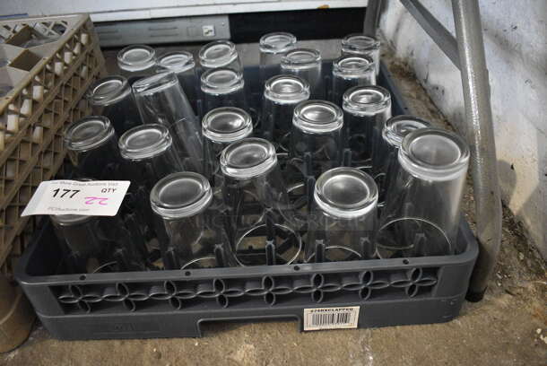 22 Beverage Glasses in Gray Poly Dish Caddy. 3.5x3.5x6. 22 Times Your Bid!