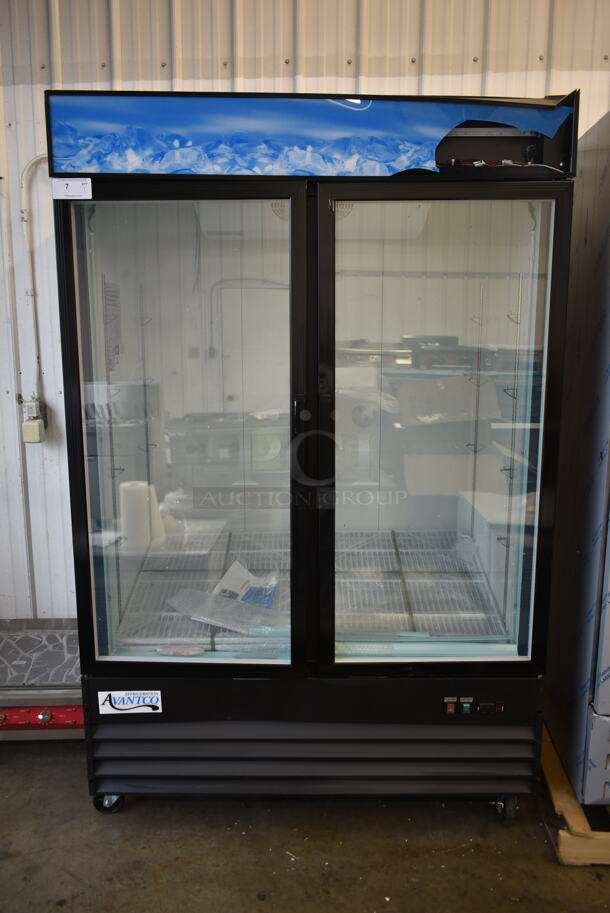 BRAND NEW SCRATCH AND DENT! 2023 Avantco 178GDC49FHCB Metal Commercial 2 Door Freezer Merchandiser w/ Poly Coated Racks on Commercial Casters. 115 Volts, 1 Phase. Tested and Working! - Image 1 of 12
