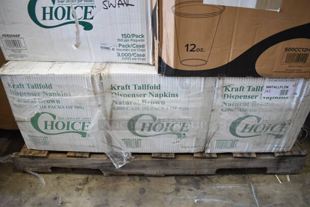 PALLET LOT of 23 BRAND NEW Boxes Including 3 Box 966TALLFLDN Choice Kraft Natural Tall-Fold 6" x 13" Dispenser Napkin - 8000/Case, 5002DNAP Choice White 2-Ply Dinner Napkin 17" x 15" - 3000/Case, 500CC12HD 12 oz. Plastic Cold Cup - 1000/Case, 500CC9 Choice 9 oz. Clear PET Customizable Plastic Squat Cold Cup - 1000/Case, 612605070 Choice Full Size Foil Steam Table Pan Deep 3 3/8" Depth - Full Size Deep - 50/Case, 610060 Brooklace Fluted Bake Cup, 39884291 Perfect Fry 84291 Air Filter Kit for PFA and PFC Ventless Deep Fryers, 4 Box 129MCR24B Choice 24 oz. Black Round Microwavable Heavy Weight Container with Lid 7 1/4" - 150/Case, 502404816CL Lavex 40-45 Gallon 16 Micron 40" x 48" High Density Janitorial Can Liner / Trash Bag - 250/Case, AMA009CLT23 Front of the House Gatsby 7 oz. Ice SAN Plastic Martini Glass - 12/Pack, HP2099 Imperial 2099 U' Shaped Burner. 23 Times Your Bid! - Image 2 of 12
