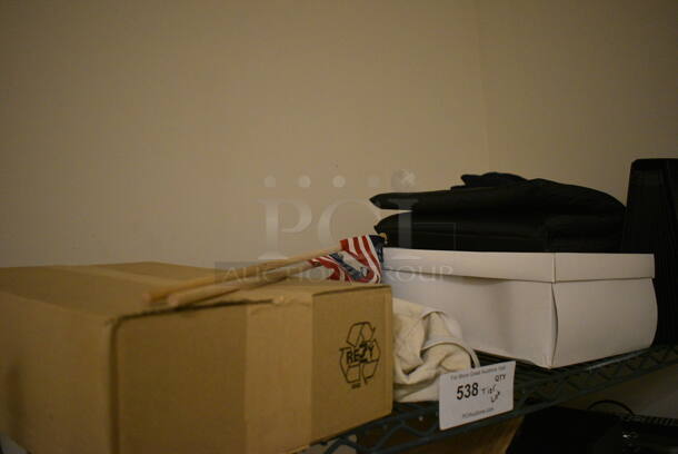 ALL ONE MONEY! Tier Lot of Various Items Including American Flags, Custom Tailored Dress Shirts, F&M Towel, Sweaters, and WAP SQ 400 Filters  - Image 1 of 10