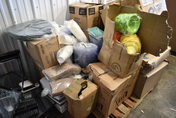 PALLET LOT of 19 BRAND NEW Boxes Including 130GH Spoons, 999RP10CL Choice Crystal 10" Clear Plastic Plate - 20/Pack, SBTGRL Dart TamperGuard Recessed Lid for Tamper-Resistant, Tamper-Evident Containers - 300/Case, 8 oz Flower Sno Cone Cups, 5001RT600B Lavex White Hardwound Paper Towel, 600 Feet / Roll - 12/Case, Environ Forks, Fineline 17CKFSKPPS Wrapped Cutlery Kit. 19 Times Your Bid! - Image 1 of 12