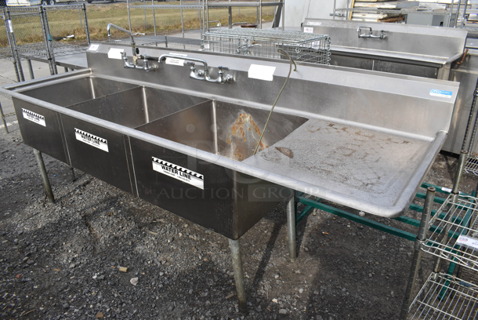 Stainless Steel Commercial 3 Bay Sink w/ 2 Faucets, 2 Handle Sets and Right Side Drain Board. 98.5x30x44. Bays 24x24x14. Drain Boards 26x21x1
