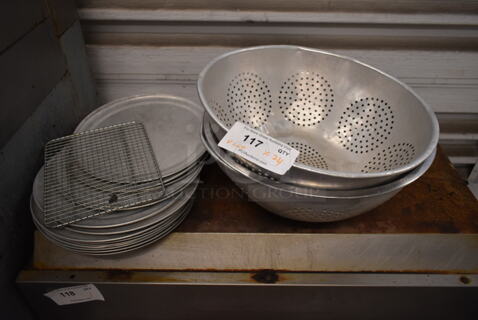 ALL ONE MONEY! Lot of 20 Round Metal Pizza Pans, Mesh Rack and 3 Metal Colanders.