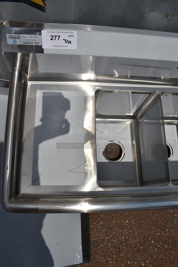 BRAND NEW SCRATCH AND DENT! Steelton 522CS31014LR Stainless Steel 54" 18-Gauge Stainless Steel Three Compartment Commercial Sink with 2 Drainboards - 10" x 14" x 12" Bowls. No Legs.  - Image 6 of 7