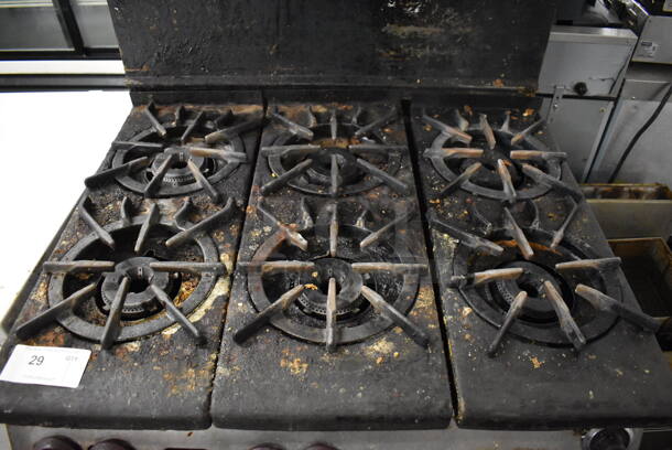 Wolf Metal Commercial Natural Gas Powered 6 Burner Range w/ Oven, Over Shelf and Back Splash. 34x36x58 - Image 4 of 9