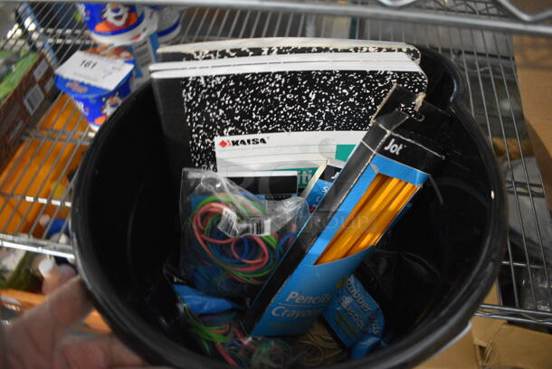 ALL ONE MONEY! Lot of Various Items Including Paper, Rubber Bands and Pencils in Black Bin! - Image 1 of 3