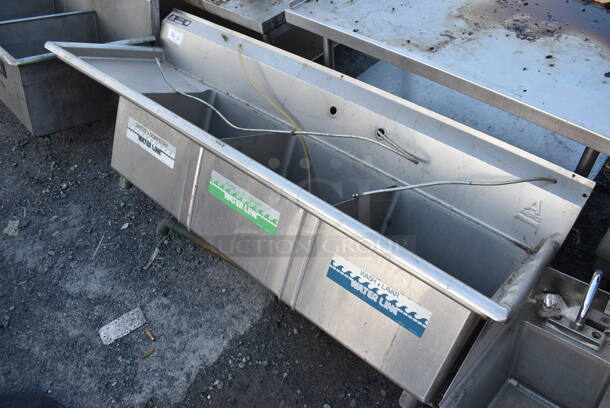 Aero Stainless Steel Commercial 3 Bay Sink w/ Left Side Drain Board. No Legs. 75x24x25. Bays 18x18x12. Drain Board 16x20x1