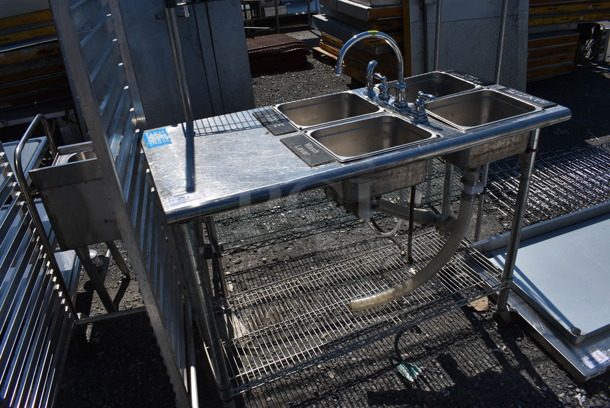 Stainless Steel Table w/ 4 Sink Basins, Faucet, Handles and Wire Under Shelf on Commercial Casters. 50x24x50. Bays 11.5x9.5x6