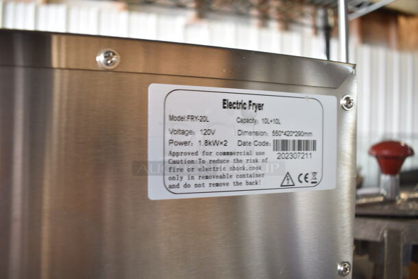 BRAND NEW SCRATCH AND DENT! 2023 Hoocoo FRY-20L Stainless Steel Commercial Countertop Electric Powered 2 Bay Deep Fat Fryer w/ 2 Metal Baskets and 2 Lids. 120 Volts, 1 Phase. - Image 6 of 6