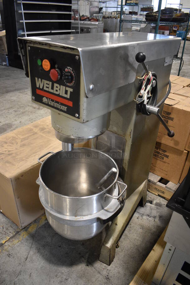 Varimixer Welbilt Model W40 Metal Commercial Floor Style 40 Quart Planetary Mixer w/ Stainless Steel Mixing Bowl and Dough Hook Attachment. 208/230 Volts, 3 Phase. 22x34x37