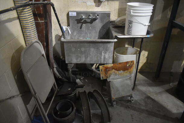 ALL ONE MONEY! Lot of Various Items Including Stainless Steel Sink w/ Drain Board, Metal Folding Chair and Poly Bins. BUYER MUST REMOVE. - Image 1 of 5