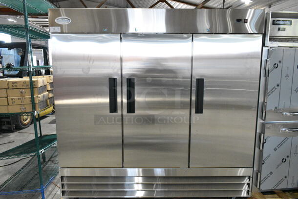 BRAND NEW SCRATCH AND DENT! KoolMore RIR-3D-SS Stainless Steel Commercial 3 Door Reach In Cooler w/ Poly Coated Racks on Commercial Casters. 115 Volts, 1 Phase. Tested and Working! - Image 2 of 11