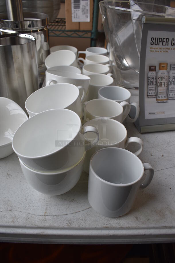 ALL ONE MONEY! Lot of Items on Tabletop Including Material, Poly Bucket, Ceramic Mugs and Wine Glasses and Metal Bins - Image 7 of 12